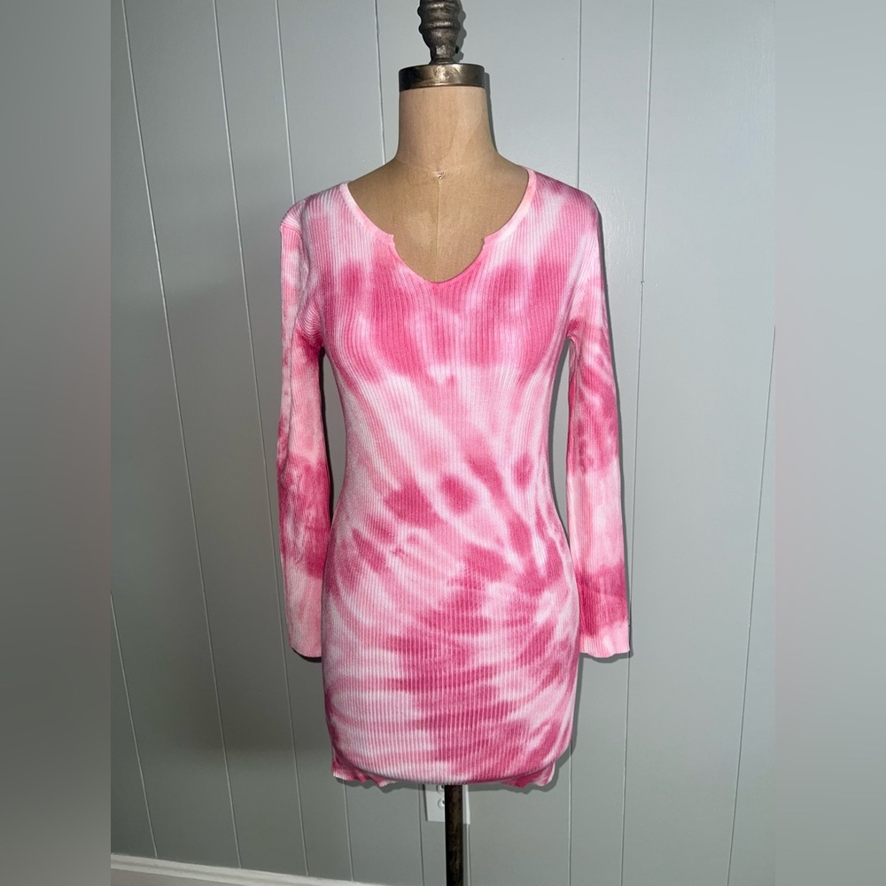 Pink Tie-Dye Ribbed Long Sleeve Dress